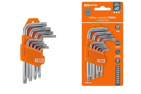 TDM ELECTRIC SQ1021-0102 Набор ключей "TORX" с отверстием 9 шт: Т10-Т50 (держатель в блистере), CR-V сталь "Алмаз" TDM